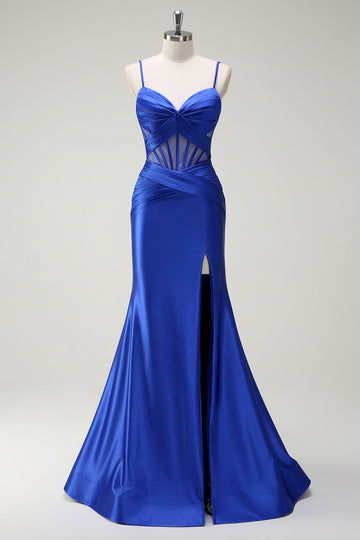 Sirène royale Spaghetti bretelles Satin Corset Robe de soirée longue avec fente